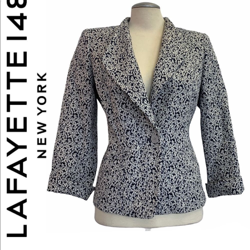 LAFAYETTE 148 navy and white printed single breasted blazer size 6